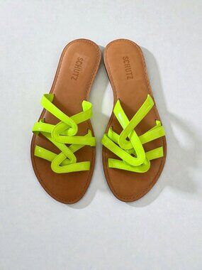 SCHUTZ Neon Yellow Patent Leather Slides Sandals Size 8.5